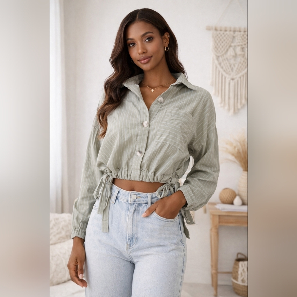 Cropped Button-Front Drawstring Shirt - Sage Green